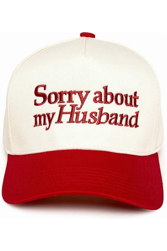 Trucker Hat – Vintage Two-Tone Snapback Baseball Cap with Embroidered Design - Sorry About My Husband - Beige/Red