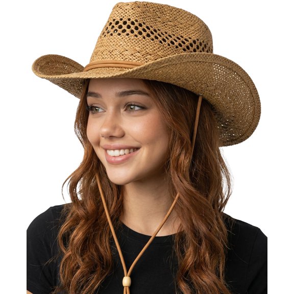 Funky Junque Cowboy Hats for Women - Cowgirl Woven - Open Weave w/ Chin Strap - Natural