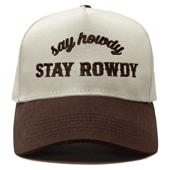 Funky Junque Two Tone Vintage Snapback Trucker Hat - Say Howdy Stay Rowdy - Brown/Beige