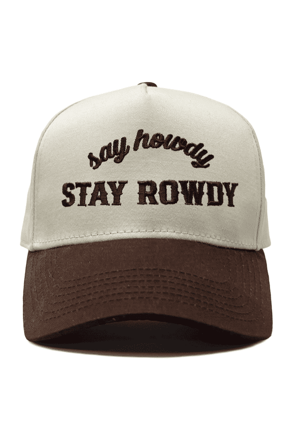 Two Tone Vintage Snapback Trucker Hat - Say Howdy Stay Rowdy - Brown/Beige
