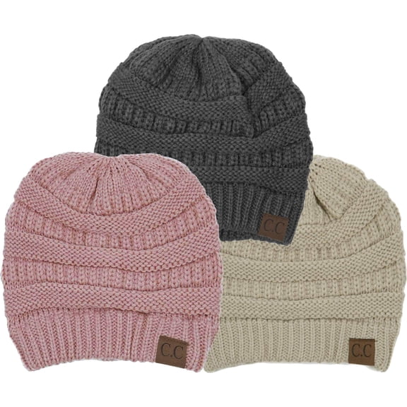 Funky Junque Warm Winter Skull Cap Beanie – Soft Slouchy Knit Hat for Women & Men, Cozy Unisex Beanie for Cold Weather - 3 Pack: Beige, Dk Melange Grey, Indi Pink