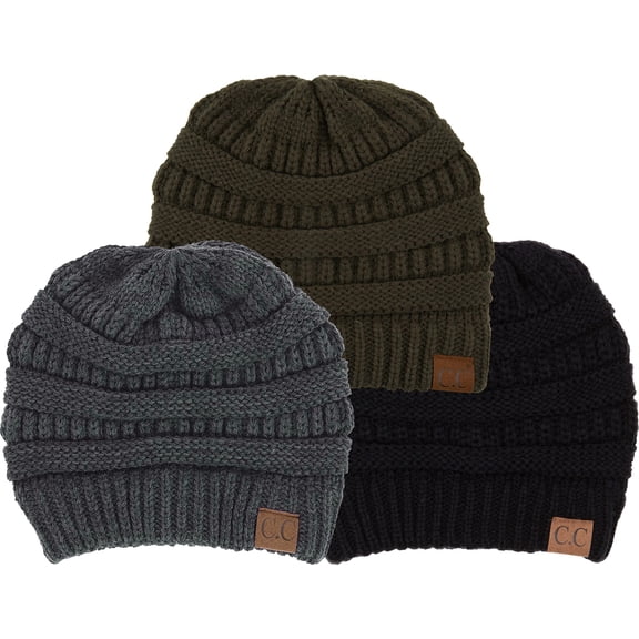 Funky Junque Warm Winter Skull Cap Beanie – Soft Slouchy Knit Hat for Women & Men, Cozy Unisex Beanie for Cold Weather - 3 Pack: Black, Moss & Charcoal