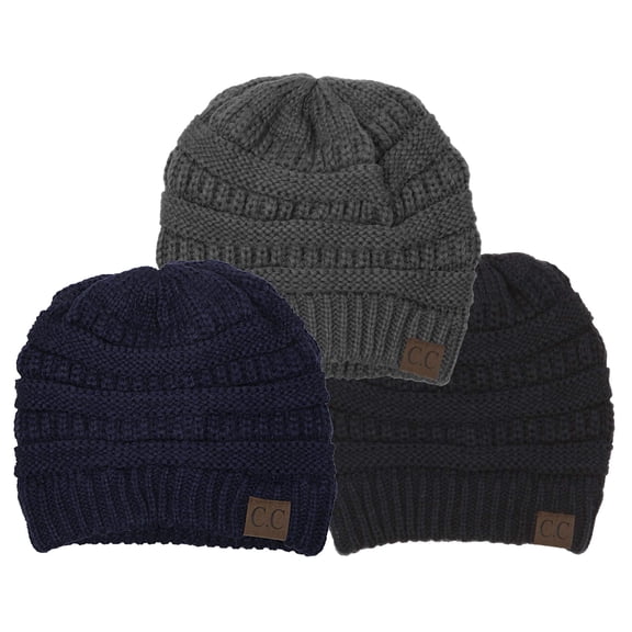 Funky Junque Warm Winter Skull Cap Beanie – Soft Slouchy Knit Hat for Women & Men, Cozy Unisex Beanie for Cold Weather - 3 Pack: Black, Navy, Dk Melange Grey