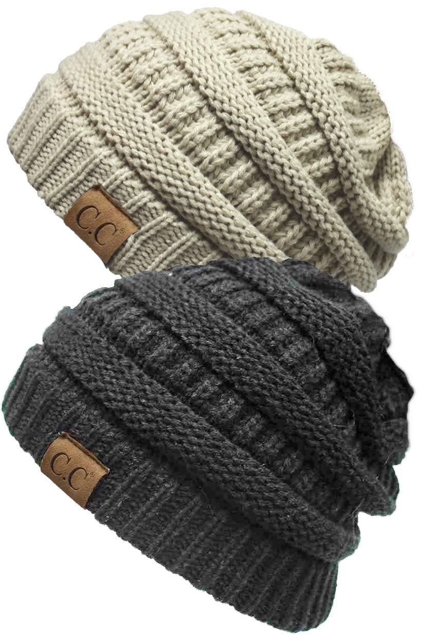 Funky Junque Warm Winter Skull Cap Beanie – Soft Slouchy Knit Hat for Women & Men, Cozy Unisex Beanie for Cold Weather - 2 Pack: Beige & Charcoal