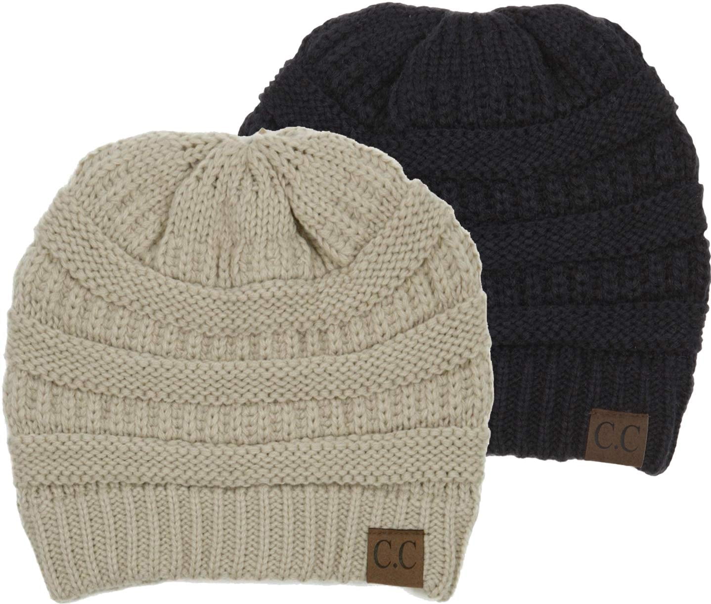 Funky Junque Warm Winter Skull Cap Beanie – Soft Slouchy Knit Hat for Women & Men, Cozy Unisex Beanie for Cold Weather - 2 Pack: Black & Beige