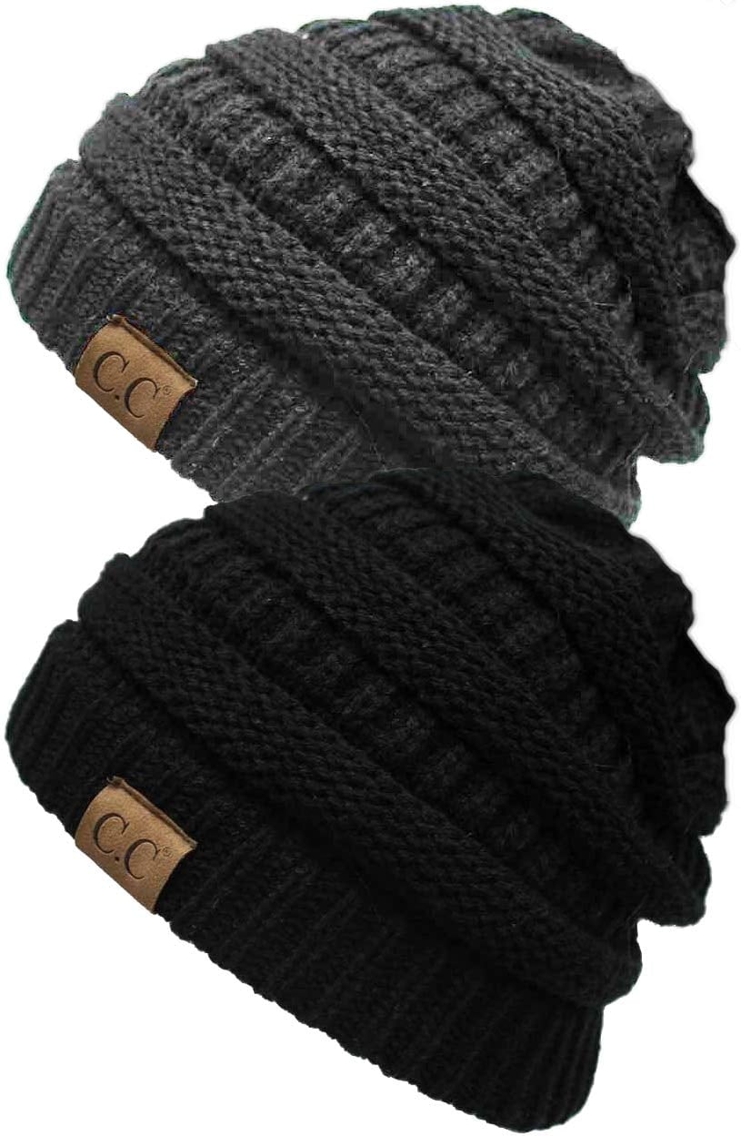 Funky Junque Warm Winter Skull Cap Beanie – Soft Slouchy Knit Hat for Women & Men, Cozy Unisex Beanie for Cold Weather - 2 Pack: Black & Charcoal