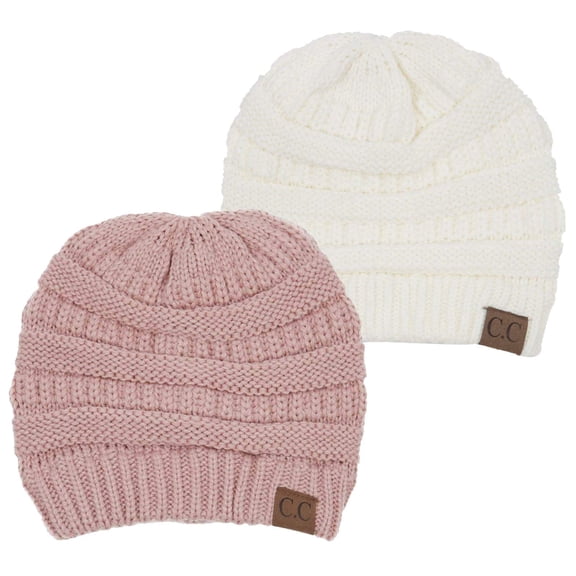 Funky Junque Warm Winter Skull Cap Beanie – Soft Slouchy Knit Hat for Women & Men, Cozy Unisex Beanie for Cold Weather - 2 Pack: Ivory & Indi Pink