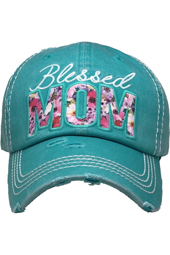 Women’s Distressed Baseball Cap – Vintage, Stylish & Adjustable Hat with Fun Sayings: Blessed Mom - Teal