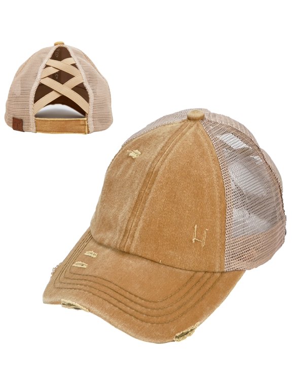 Women's Distressed Trucker Hat with Ponytail - Beige Mesh - Rust (Distressed)