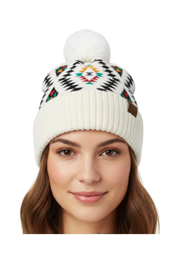 Women’s Pom Pom Beanie – Soft Knit Winter Hats for Women & Teens, Warm Fashionable Beanie with Faux Fur Poms - Aztec - White