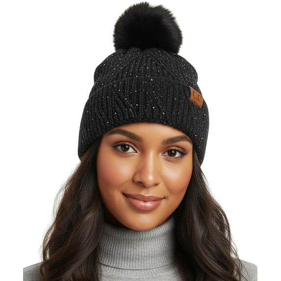 Funky Junque Women’s Pom Pom Beanie – Soft Knit Winter Hats for Women & Teens, Warm Fashionable Beanie with Faux Fur Poms - Black - Sequin