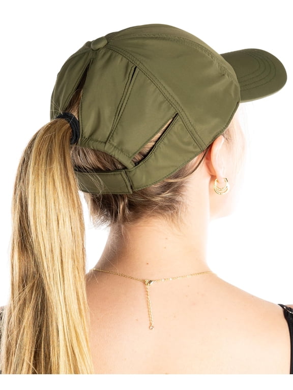 Women’s Ponytail Hat - High Ponyback & Messy Bun Baseball Cap - Olive