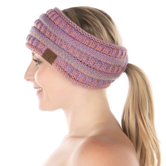 Funky Junque Women’s Ponytail Headband – Soft Knit Winter Ear Warmer, Cable Knit Fleece-Lined Head Wrap for Cold Weather - 4 Tone Mix - Pink, Violet, Denim, Orange