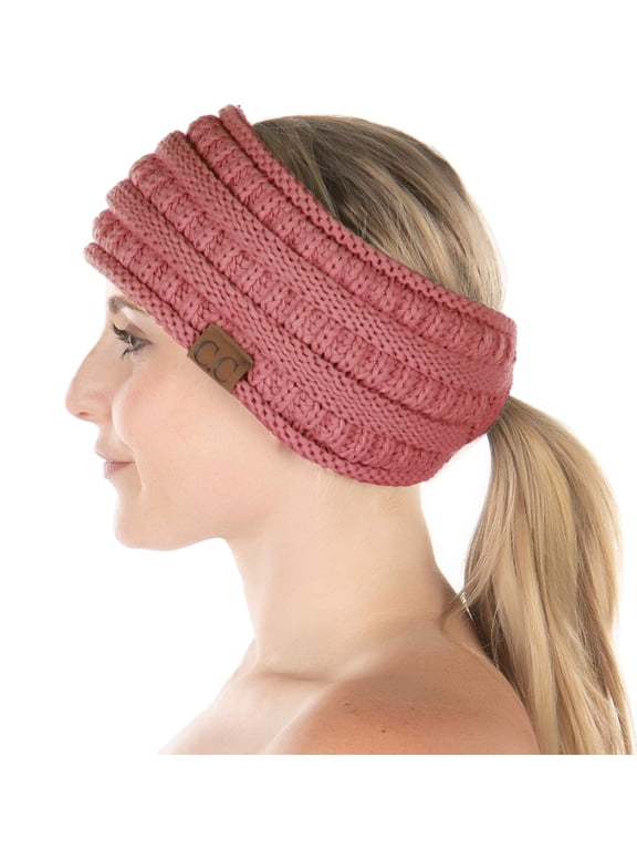 Women’s Ponytail Headband – Soft Knit Winter Ear Warmer, Cable Knit Fleece-Lined Head Wrap for Cold Weather - Mauve