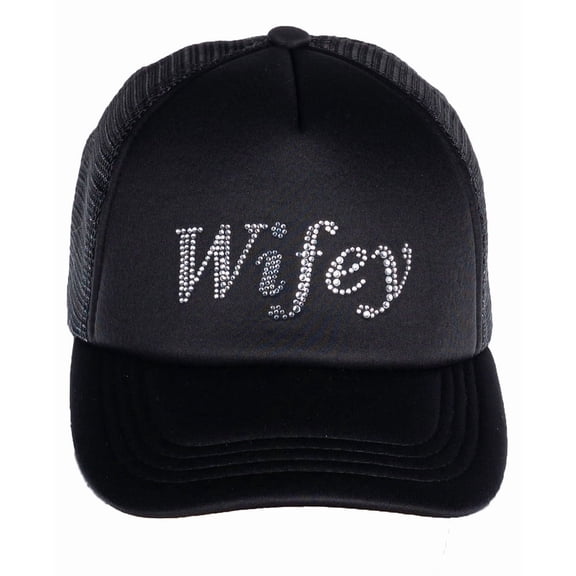 Funky Junque Women’s Rhinestone Trucker Hat - Wifey (Black)