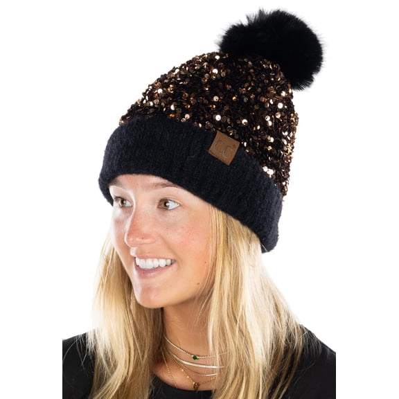 Funky Junque Women's Sequin Pom Beanies – Soft Knit Sparkly Bling Winter Hats for Women, Faux Fur Pom Glitter Sparkle Hat -Chunky Sequin - Black/Gold