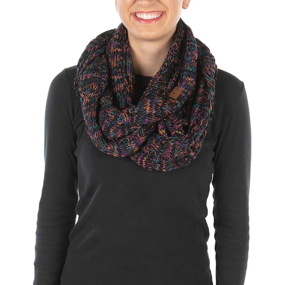 Funky Junque Women's Soft Chunky Knitted Infinity Scarf, Winter Warm Cable Knit Circle Wrap, Black, Purple, Orange, Teal Mix