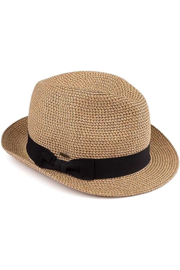 Women’s Straw Fedora Hat – Woven Summer Beach Hat with Adjustable Fit & UPF Protection - Brown/Natural Mix W/Black Band