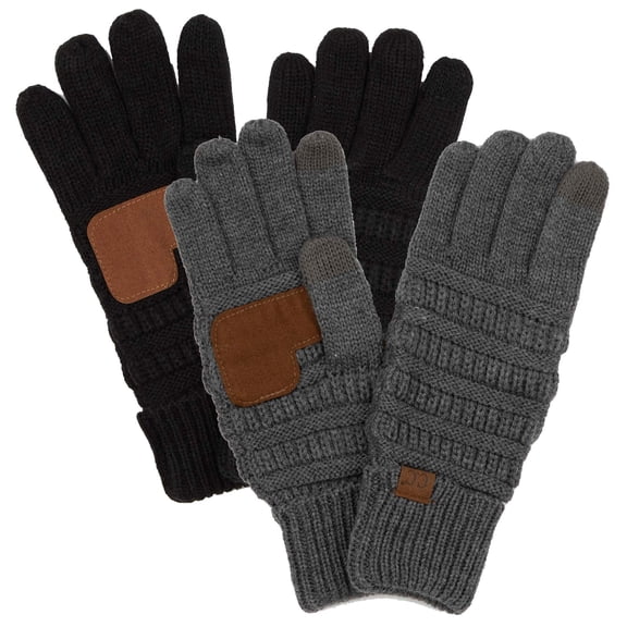 Funky Junque Women’s Winter Touchscreen Gloves – Knit Fleece Lined Texting Gloves with Faux Suede Grip - 2 Pack: Black & Charcoal