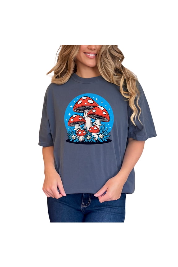 Funky Mushroom Graphic Tee, Retro Mushroom Art Shirt, Psychedelic Mushroom Design, Unique Mushroom T-Shirt, Boho Mushroom Tee, Vintage Look, Denim Comfort Colors T-Shirt, Large