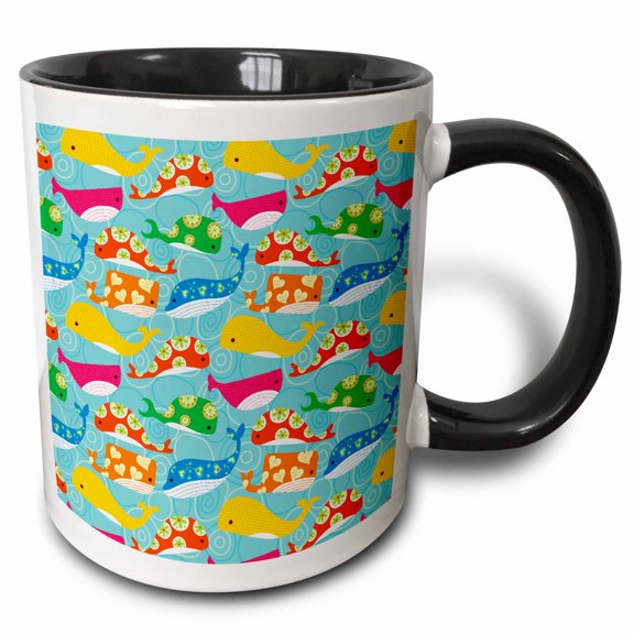 3drose, Funky Pattern and Colorful Cute Whales Fish Animal Pattern, 15oz Two-tone Black Mug