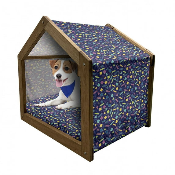 Funky Pet House, Retro 80`s Memphis Fashion Style Vibrant Triangles Squares Rectangles Hipster Pop, Outdoor & Indoor Portable Dog Kennel with Pillow and Cover, 5 Sizes, Multicolor, by Ambesonne