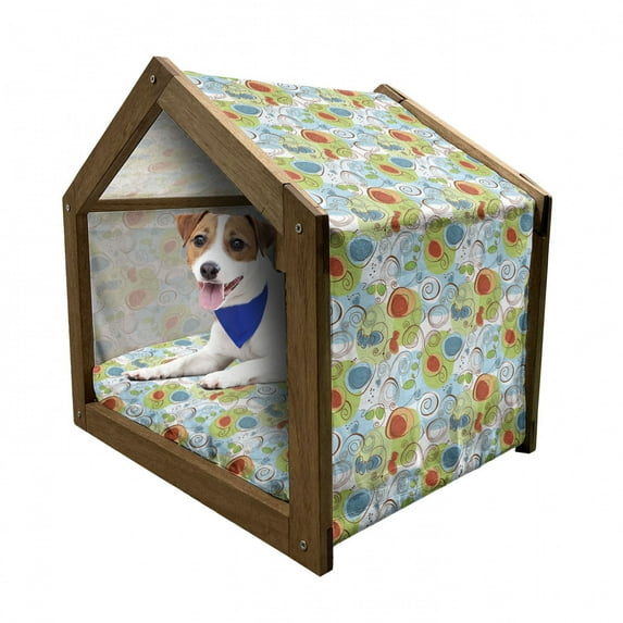 Funky Pet House, Whimsical Fun Pattern with Random Swirls Spirals Color Spots and Little Heart Shapes, Outdoor & Indoor Portable Dog Kennel with Pillow and Cover, 5 Sizes, Multicolor, by Ambesonne