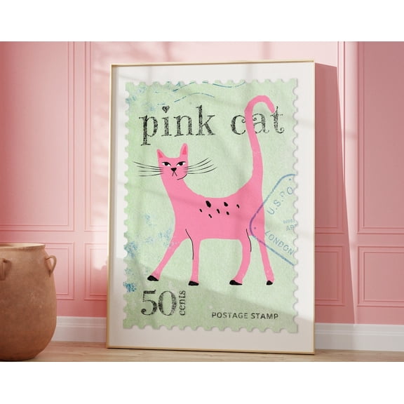 Funky Pink Cat Print • Girly Eclectic Home Decor • Cute Postal Stamp Wall Art • Pastel Colored Art • Funky Vintage Stamp Prints Wall Art, Modern Wall Decor, 16x24 UNFRAMED