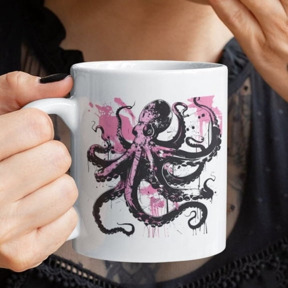 Funky Pink Octopus Coffee Mug Artistic Ceramic Tea Cup oz.