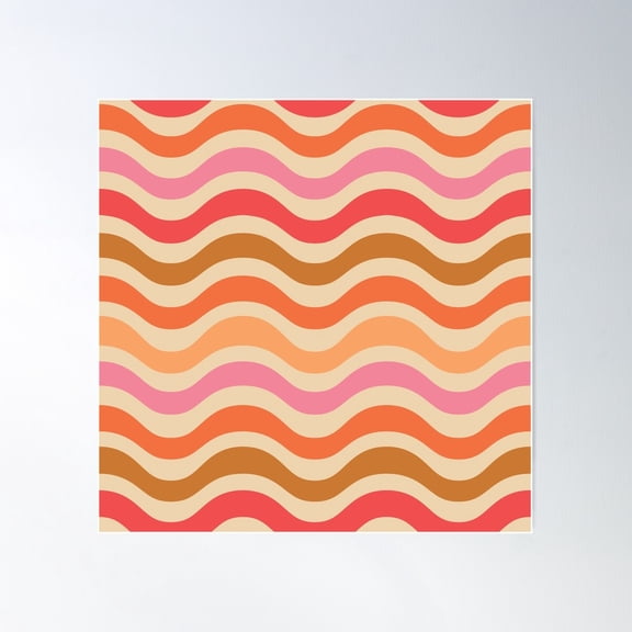 Funky Retro 70S Waves Pattern In Red, Pink, Orange And Brown Poster Wall Art, Modern Wall Decor For Living Room Bedroom, 30x30 UNFRAMED