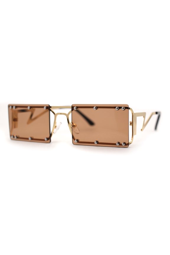 Funky Rimless Lightening Bolt Arm Metal Rectangle Sunglasses Gold Brown