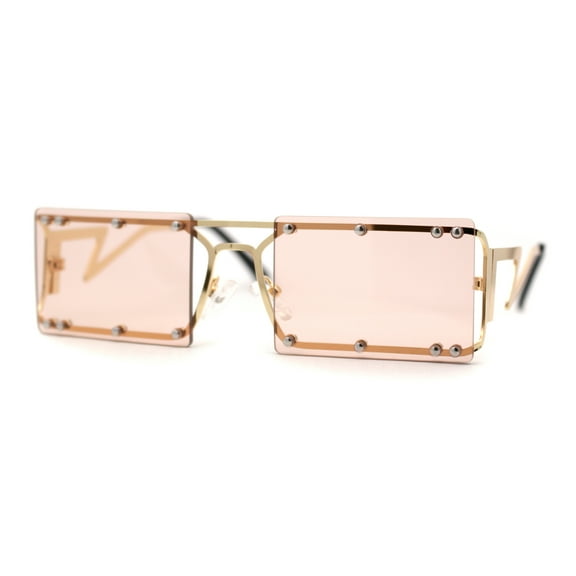 Funky Rimless Lightening Bolt Arm Metal Rectangle Sunglasses Gold Light Beige