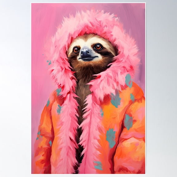 Funky Sloth In Colorful Coat Fashion Art Illustration Poster Wall Art, Modern Wall Decor For Living Room Bedroom, 8x12 UNFRAMED