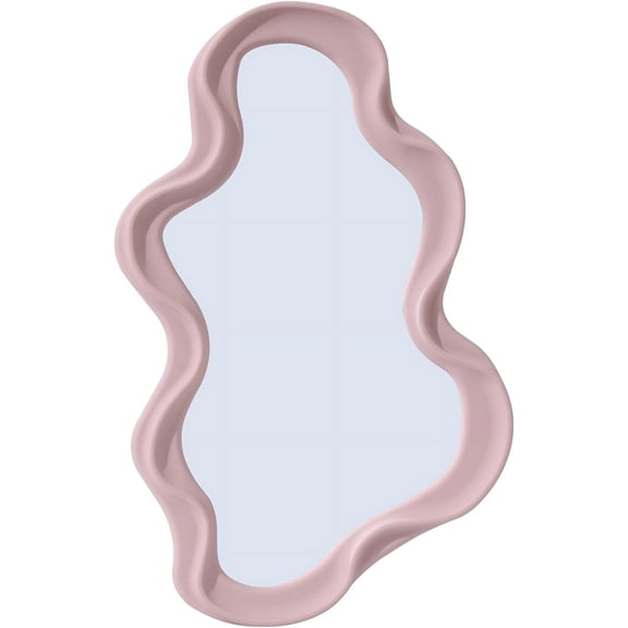 Funky Small Decorative Wall Mirror - Pink Asymmetrical Wavy Design,Hanging Mirror for Bedroom, Bathroom Entryway Modern Irregular Squiggly Shape,Compact Size, Easy Install
