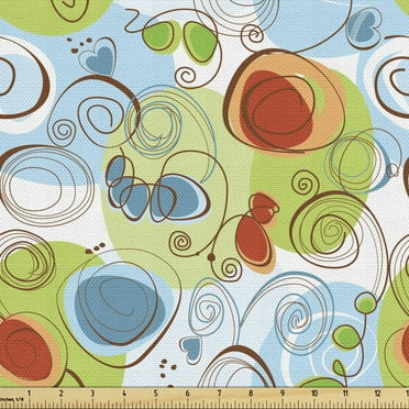 Ambesonne Funky Fabric by the Yard Upholstery, Whimsical Doodle Swirls, 10 Yards, Multicolor
