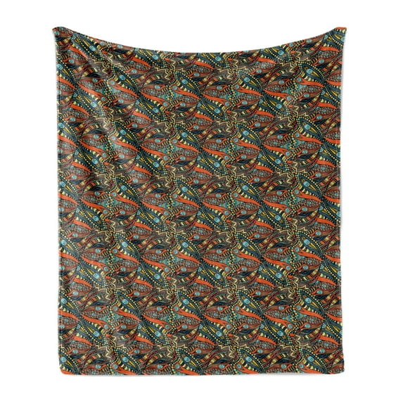 Funky Soft Flannel Fleece Blanket, Abstract Hand Drawn Style Waves Pattern with Curly Floral Elements and Small Hearts, Cozy Plush for Indoor and Outdoor Use, 50" x 70", Multicolor, by Ambesonne