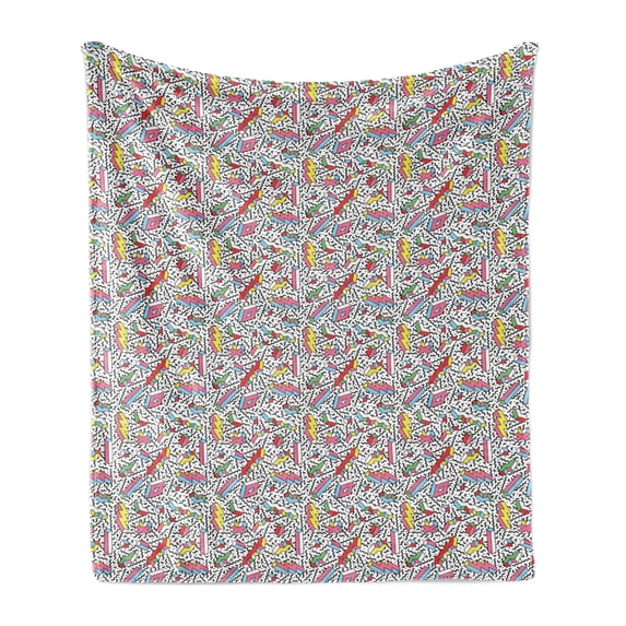 Funky Soft Flannel Fleece Throw Blanket, Memphis Pattern with Mosaic 3D Shapes Eighties and Nineties Style Colorful Design, Cozy Plush for Indoor and Outdoor Use, 70" x 90", Multicolor, by Ambesonne