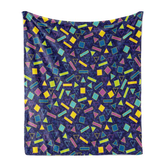 Funky Soft Flannel Fleece Throw Blanket, Retro 80`s Memphis Fashion Style Vibrant Triangles Squares Rectangles Hipster Pop, Cozy Plush for Indoor and Outdoor Use, 50" x 60", Multicolor, by Ambesonne