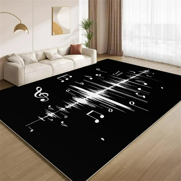 Funky Sound Waves Area Rugs, Black White Modern Music Carpet, Washable Non Slip Low Pile Soft Rug for Bedroom Living Room Office Decor Mat 4x5ft