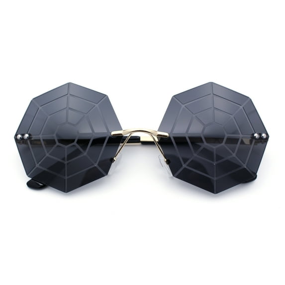 Funky Spider Web Octagon Rimless Gothic Halloween Party Sunglasses Gold - Black