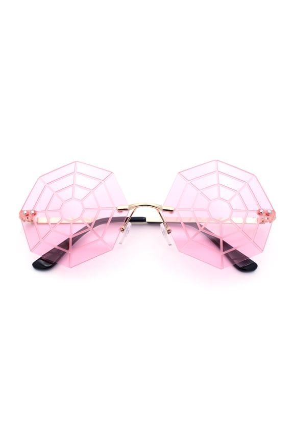 Funky Spider Web Octagon Rimless Gothic Halloween Party Sunglasses Gold - Pink