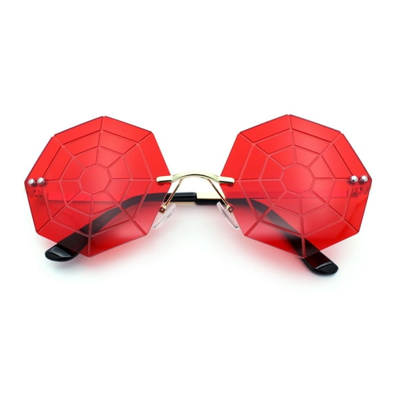 Funky Spider Web Octagon Rimless Gothic Halloween Party Sunglasses Gold - Red