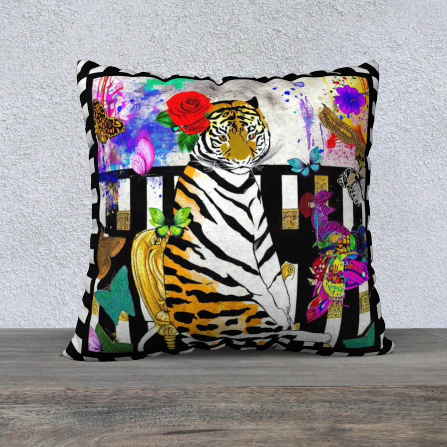 Funky Tiger with Rose Striped Pillow Cover, Tiger, Animal Print, Home ...