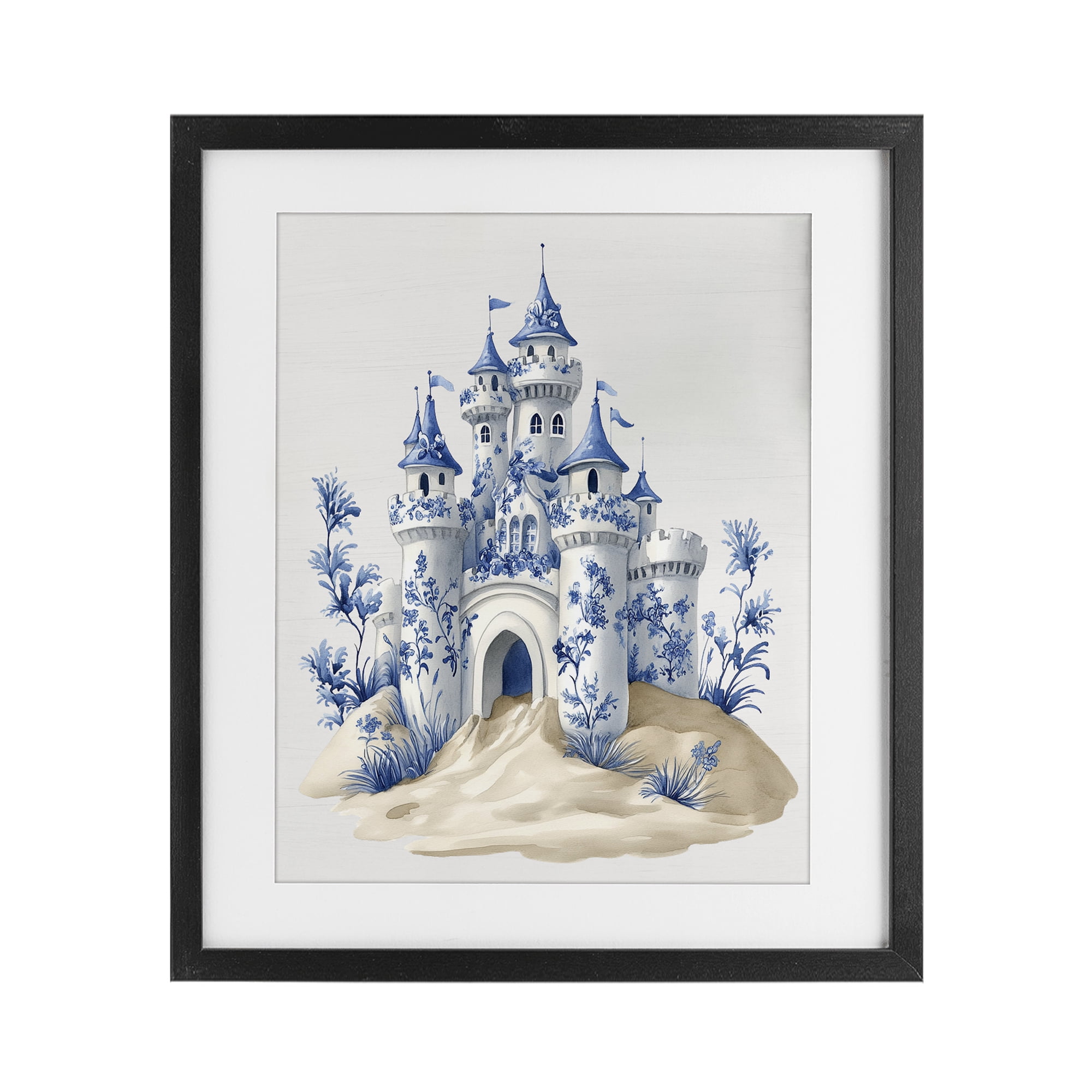 Funky Toile Castle Black Framed Print Under Glass, design by Lettered and Lined