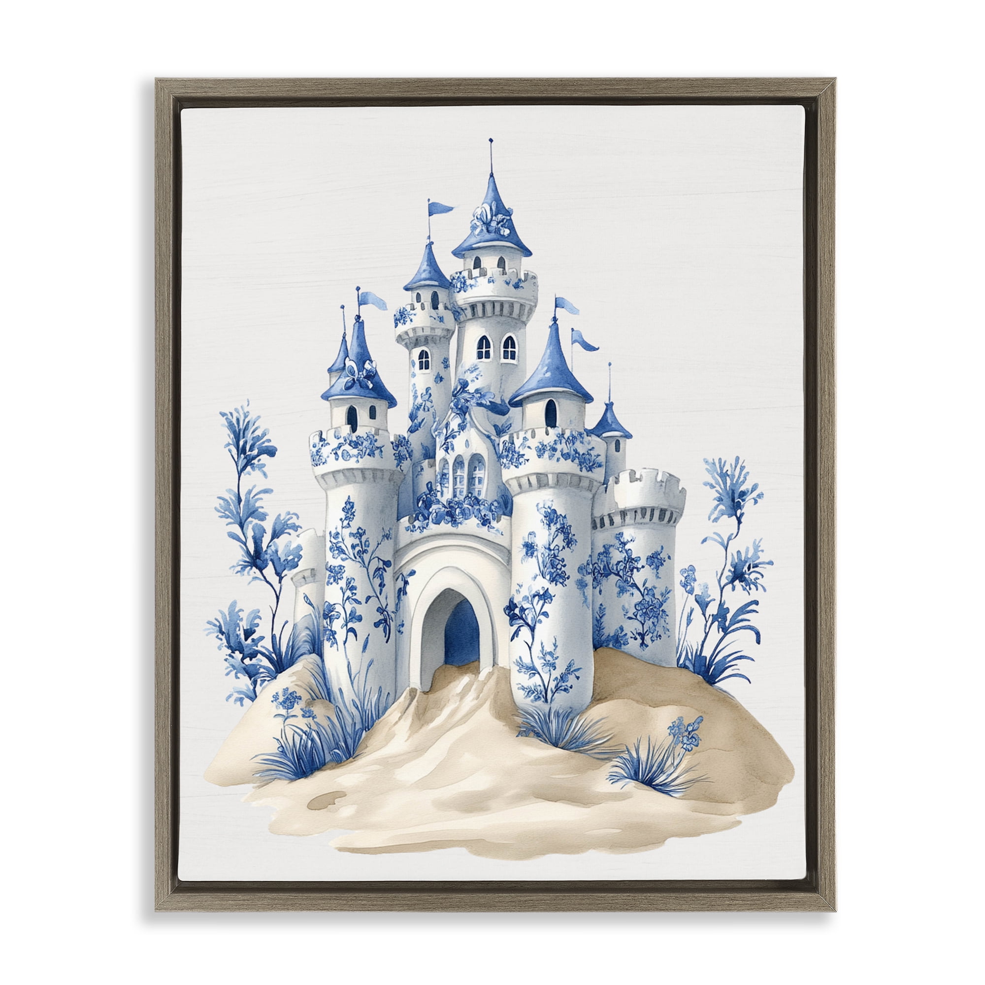 Funky Toile Castle Brown Framed Floater Canvas Wall Art, design by Lettered and Lined