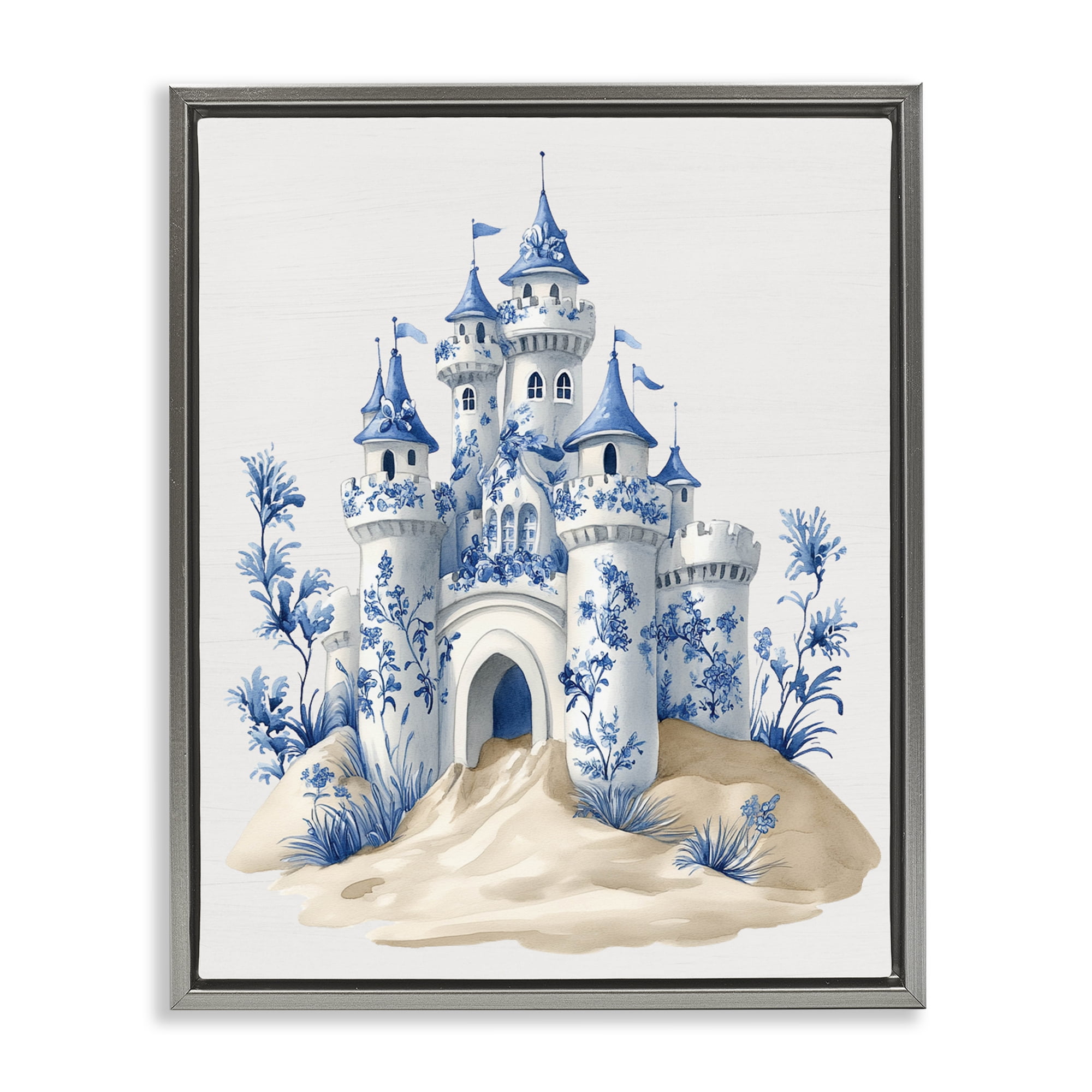Funky Toile Castle Gray Framed Floater Canvas Wall Art, design by Lettered and Lined