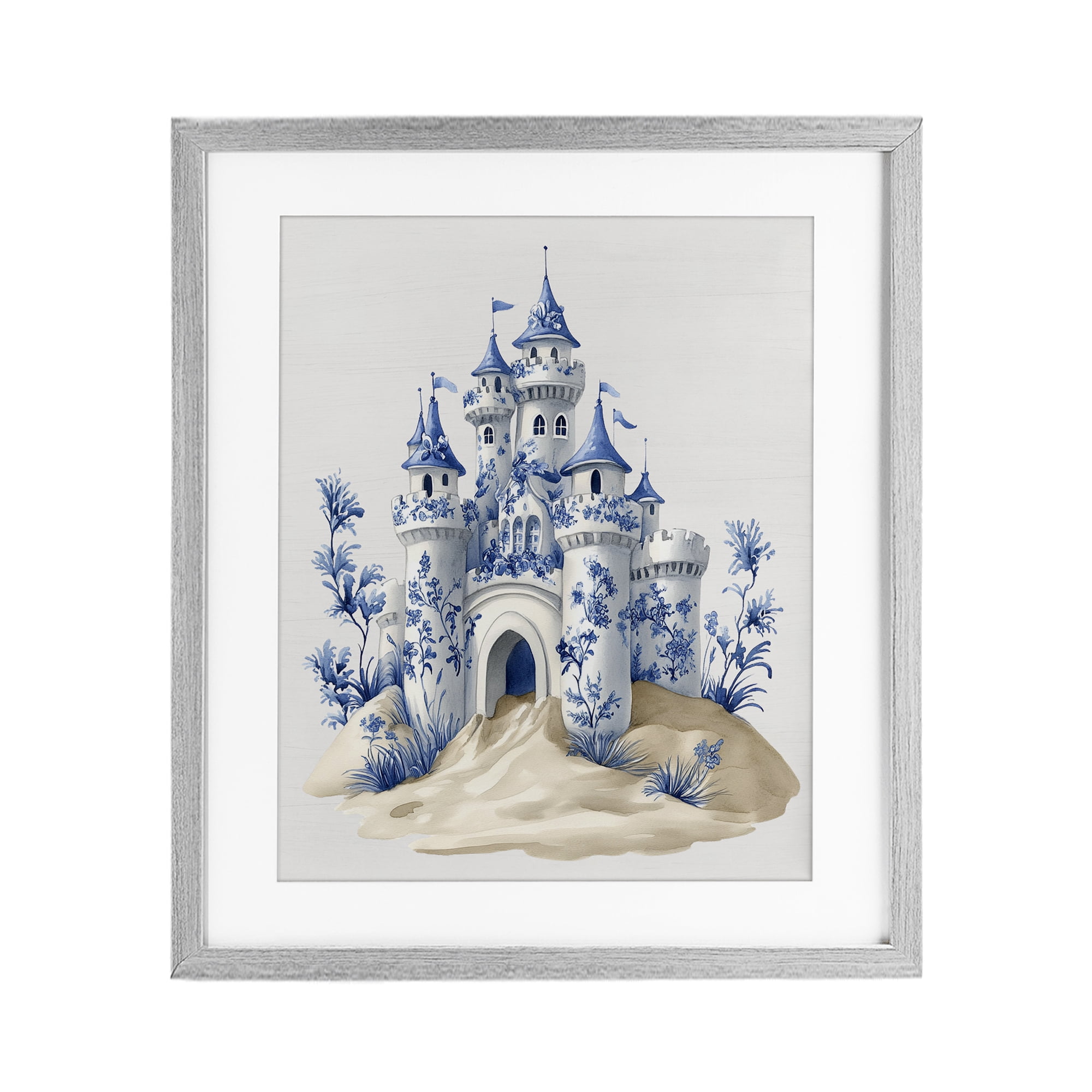 Funky Toile Castle Gray Framed Print Under Glass, design by Lettered and Lined