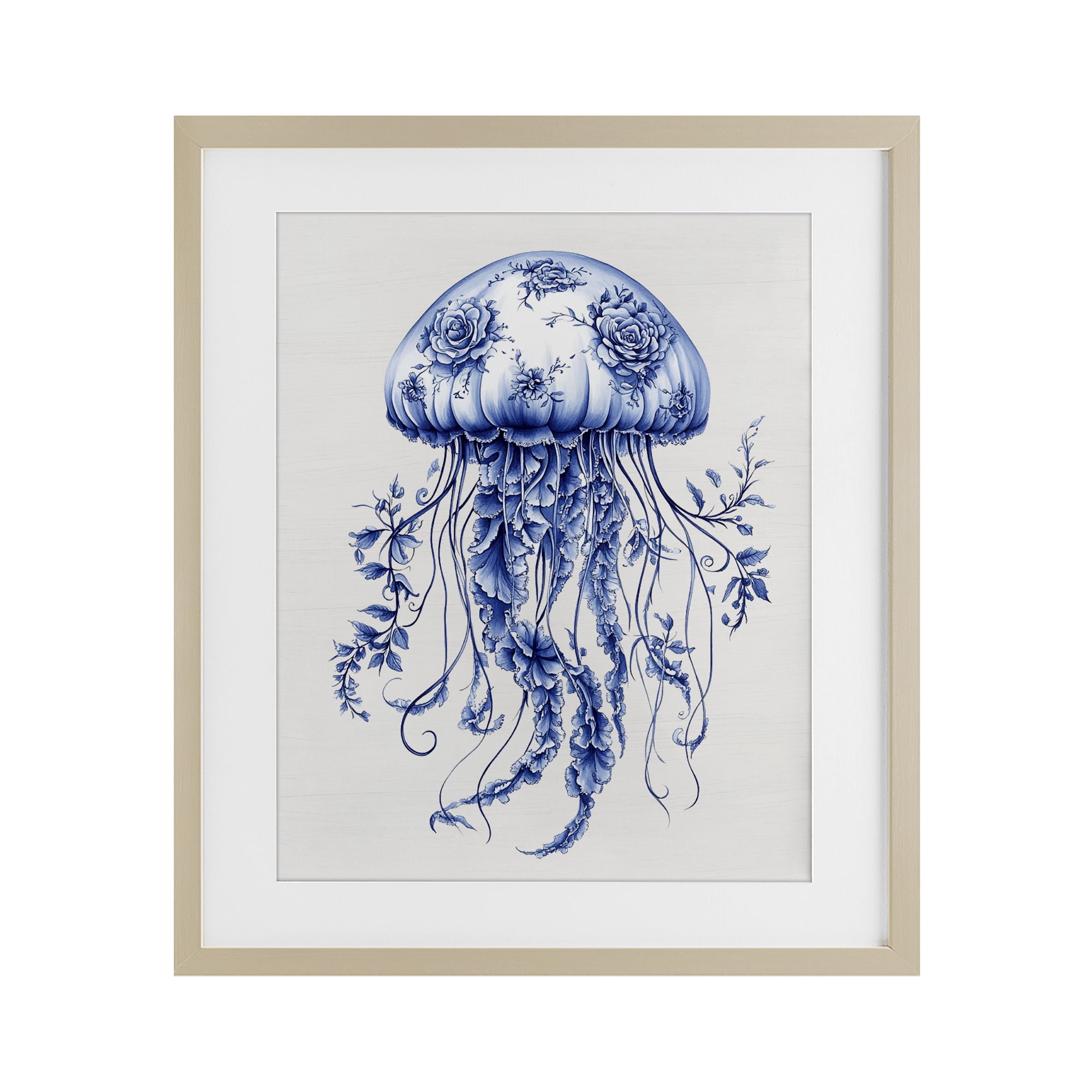 Funky Toile Jellyfish Birch Framed Print Under Glass, design by Lettered and Lined