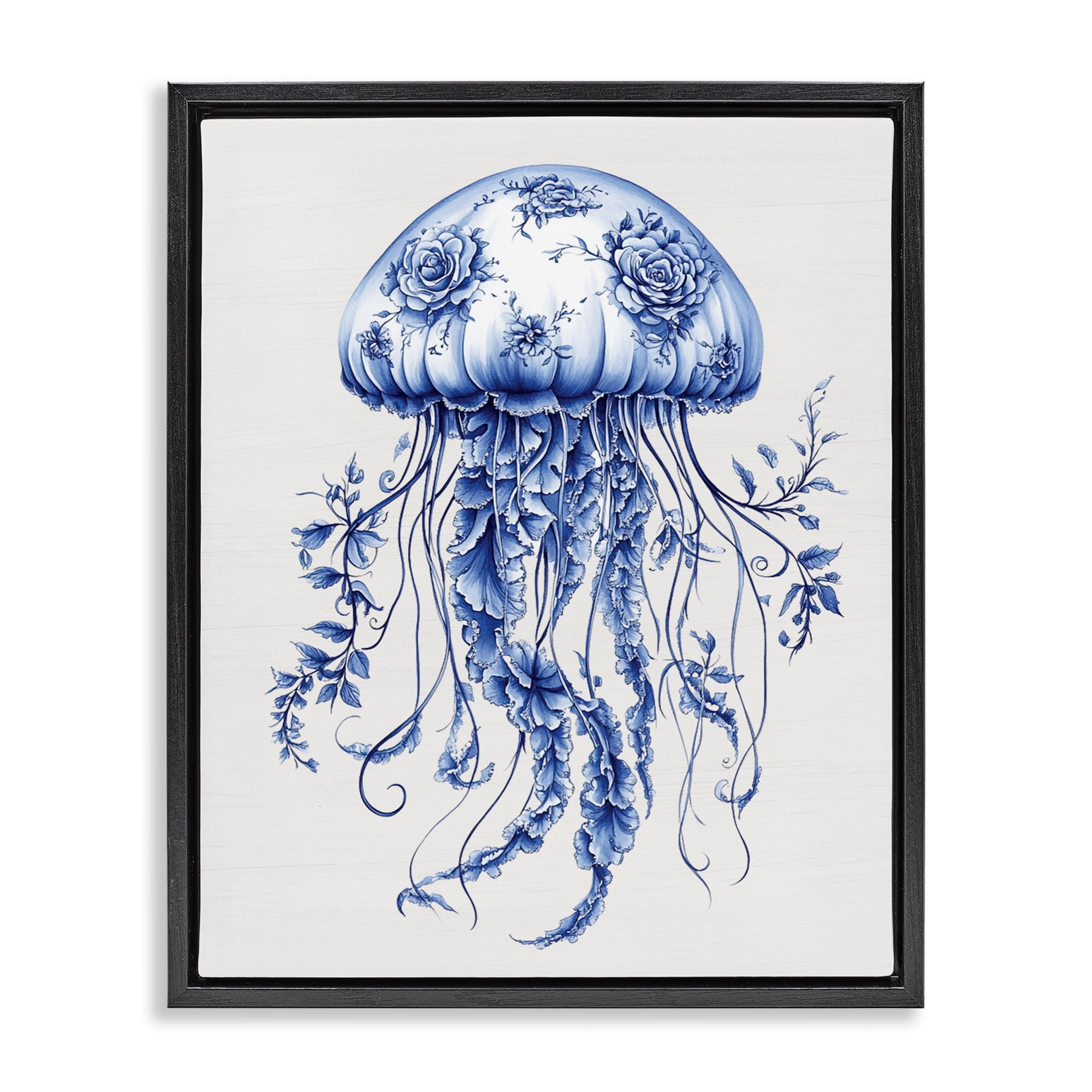 Funky Toile Jellyfish Black Framed Floater Canvas Wall Art, design by Lettered and Lined