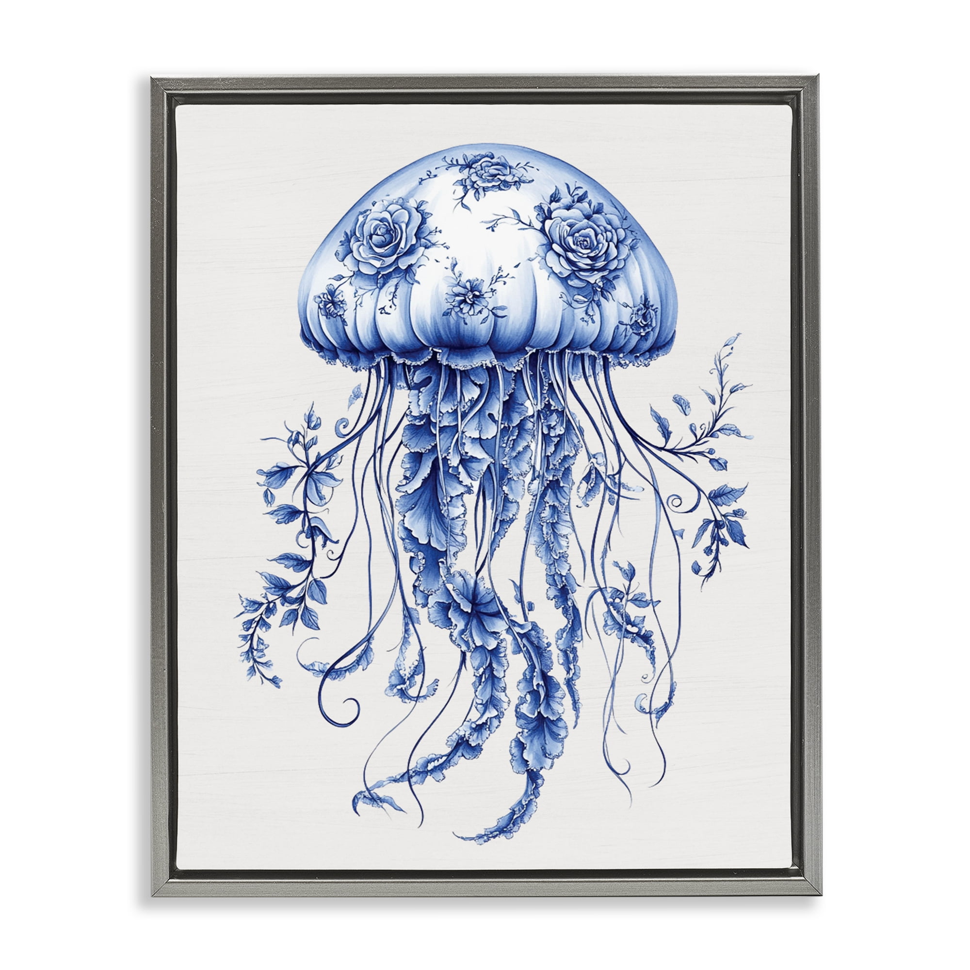 Funky Toile Jellyfish Gray Framed Floater Canvas Wall Art, design by Lettered and Lined